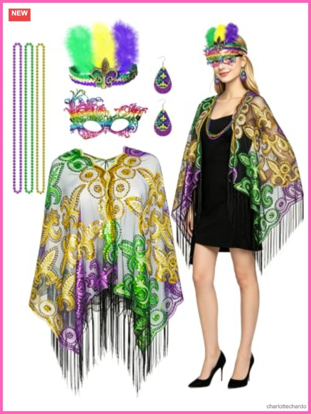 Sequin Mardi Gras Shawl Scarf Set Headband Earrings Costume Accessory